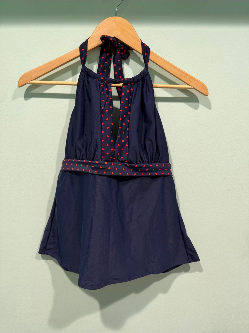 Navy Halter Swim Tank with Red Dot Trim